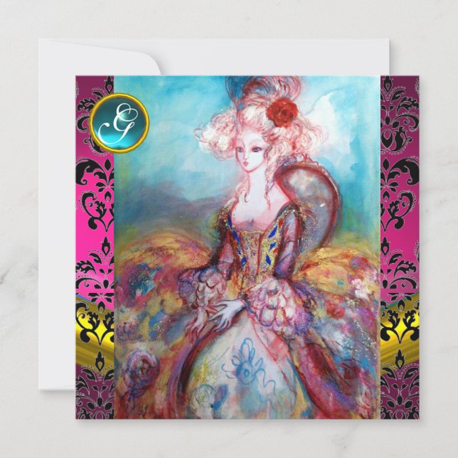 MADAME POMPADOUR,PINK BLACK DAMASK FLOWER MONOGRAM INVITATION (Front)