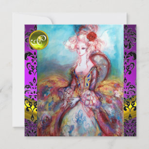 MADAME POMPADOUR PURPLE BLACK DAMASK MONOGRAM INVITATION