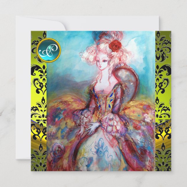 MADAME POMPADOUR ,YELLOW BLACK DAMASK MONOGRAM INVITATION (Front)