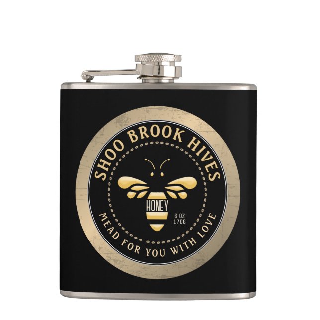 Made for you Apiary Name Copper and Black Honeybee Hip Flask (Front)