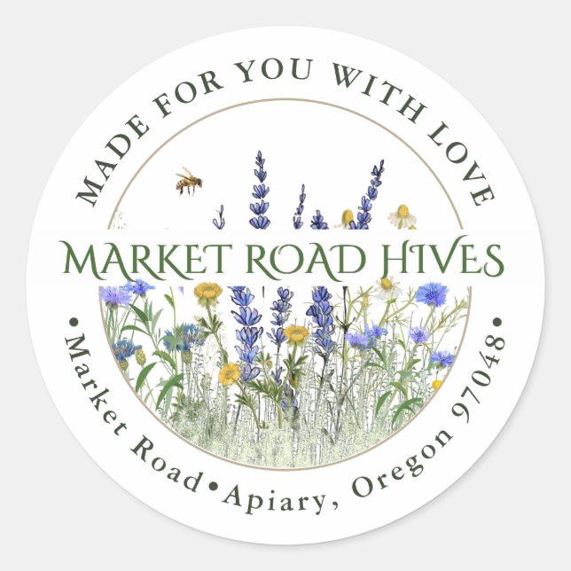 Made for you with Love Wildflower Apiary Honey Bee Classic Round Sticker (Front)