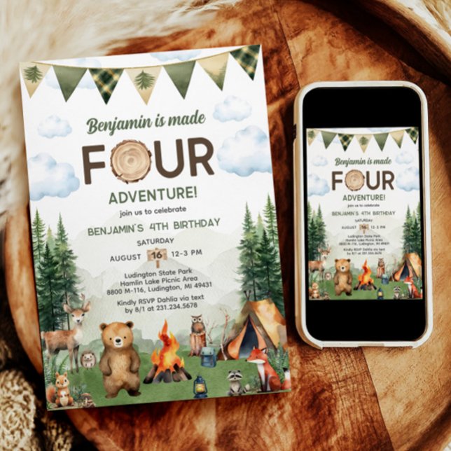 Made Four Adventure Camping 4th Birthday Invitation (Made Four Adventure Camping 4th Birthday Invitation)