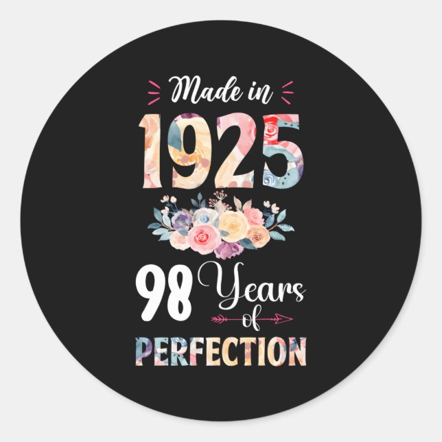 Made In 1925 Floral 98 98Th Classic Round Sticker (Front)