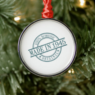 Made in 1945 Circular Rubber Stamp Style Logo Metal Tree Decoration