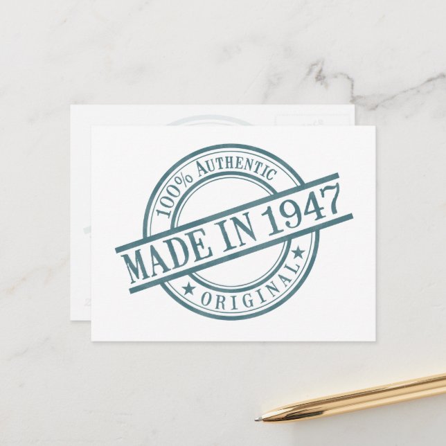Made in 1947 Birth Year Round Rubber Stamp Logo Postcard (Front/Back In Situ)