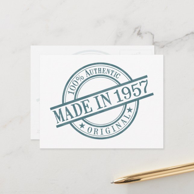 Made in 1957 Birth Year Round Rubber Stamp Logo Postcard (Front/Back In Situ)