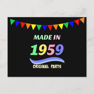 Made in 1959, colourful text design postcard