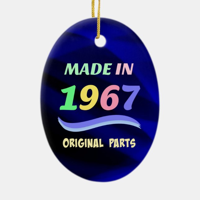 Made in 1967, colourful text design ceramic tree decoration (Back)