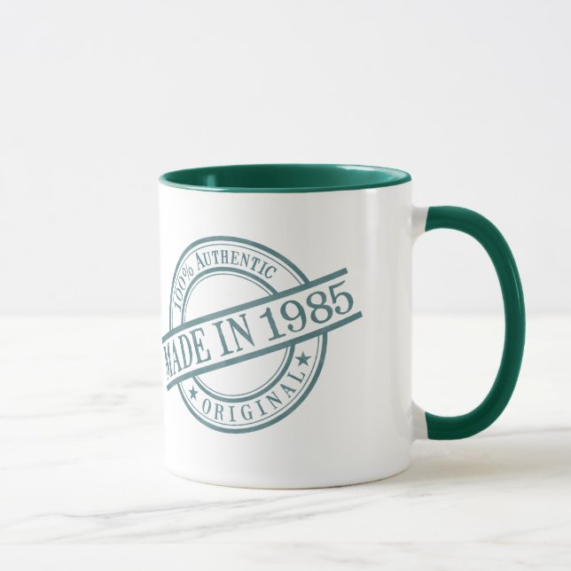 Made in 1985 Birth Year Green Round Rubber Stamp Mug (Right)