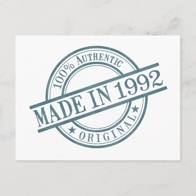 Made in 1992 Birth Year Round Rubber Stamp Logo Postcard (Front)