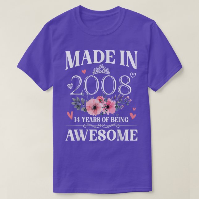 Made In 2008 Floral 14 Year Old 14th Birthday Gift T-Shirt (Design Front)