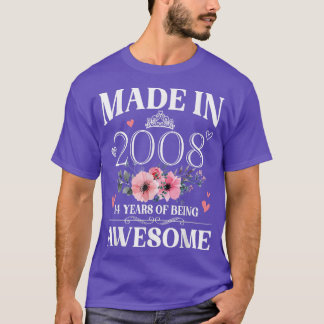 Made In 2008 Floral 14 Year Old 14th Birthday Gift T-Shirt
