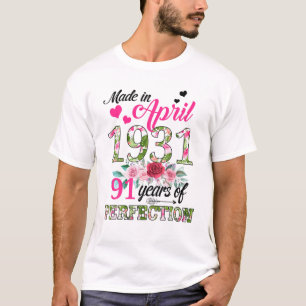 Made In April 1931 Floral 91 Years Old 91St Birthd T-Shirt