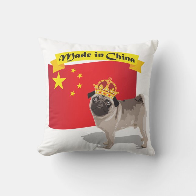 Made in China Pug with Crown and Flag Pillow (Front)