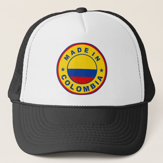 made in colombia country flag product label round trucker hat (Front)
