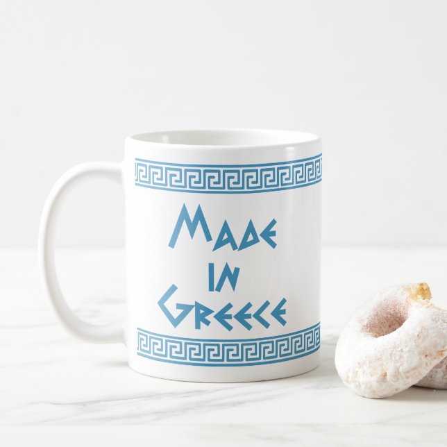 Made In Greece (vertical) with meander border Coffee Mug (With Donut)