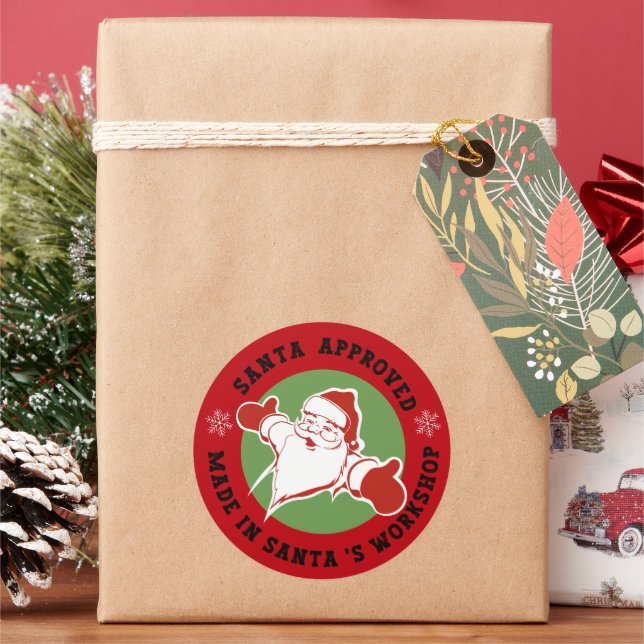 Made in Santa's Workshop Red Gift Classic Round Sticker (Holiday)