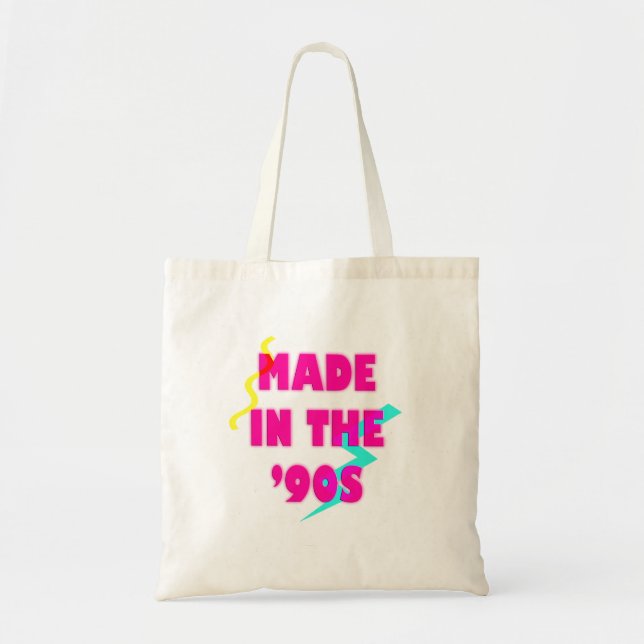 Made in the 90s retro neon custom birthday tote bag (Front)