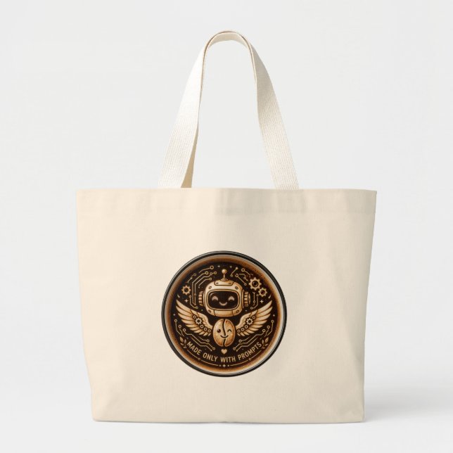 Made Only With Prompts Funny AI Coffee Robot Large Tote Bag (Front)