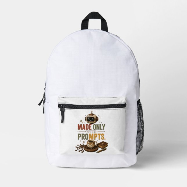 Made Only With Prompts Funny Ai Coffee Robot Retro Printed Backpack (Front)