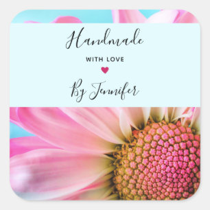 Made with Love Beautiful Pink Flower Photo Square Sticker