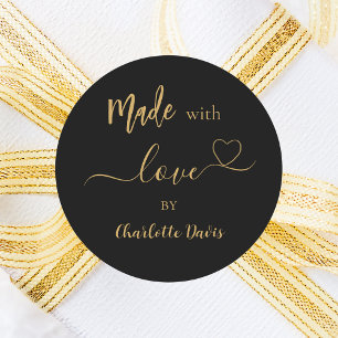 Made with love black gold name classic round sticker