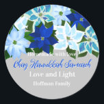 Made with Love - Blue Poinsettias Hanukkah Classic Round Sticker<br><div class="desc">Blue poinsettias Hanukkah classic round sticker with Made with Love - Chag Hanukkah Sameach - Love and Light - Personalise with your family name. You can change the background colour,  or the messages to say you own holiday greeting. Great stickers to close your Hanukkah gifts.</div>