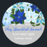 Made with Love - Blue Poinsettias Hanukkah Classic Round Sticker<br><div class="desc">Blue poinsettias Hanukkah classic round sticker with Made with Love - Chag Hanukkah Sameach - Love and Light - Personalise with your family name. You can change the background colour,  or the messages to say you own holiday greeting. Great stickers to close your Hanukkah gifts.</div>