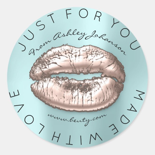 Made With Love Blush Kiss Blue Aqua Makeup Lips Classic Round Sticker (Front)