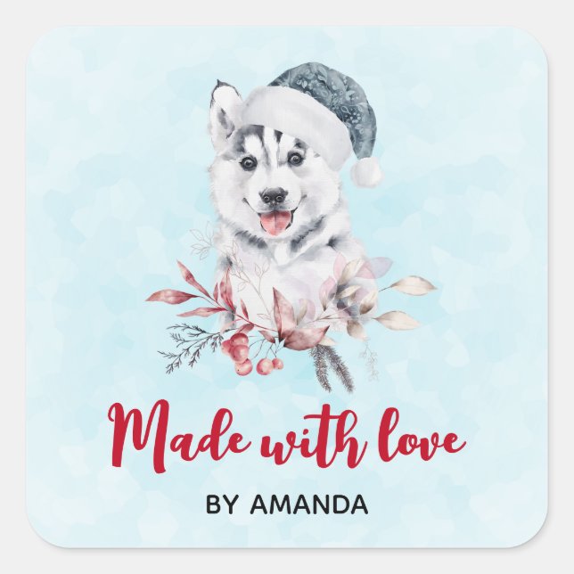 Made with Love Christmas Husky Dog in a Santa Hat Square Sticker (Front)