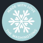 Made with Love Christmas Snowflake Sticker<br><div class="desc">A simple blue and white snowflake sticker with the greeting,  Made with love.  Personalise it with your family name. Fun for your homemade or handmade Christmas neighbour treats and gifts. Designed for you by Blackberry Boulevard.</div>