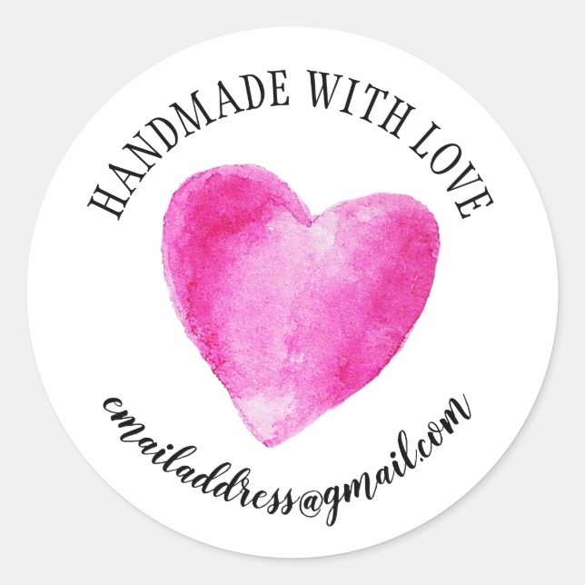 Made with love company name pink heart classic round sticker (Front)