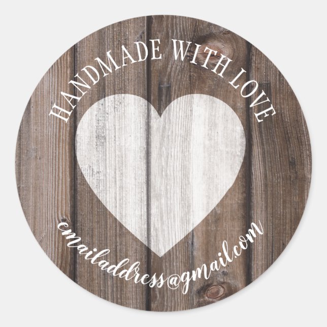 Made with love company name wood heart classic round sticker (Front)