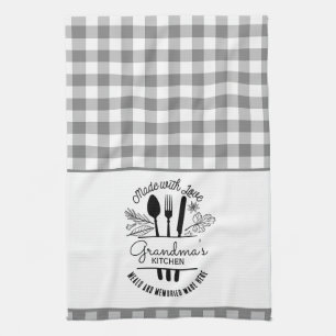 Made With Love Custom Name Gray Buffalo Plaid Tea Towel