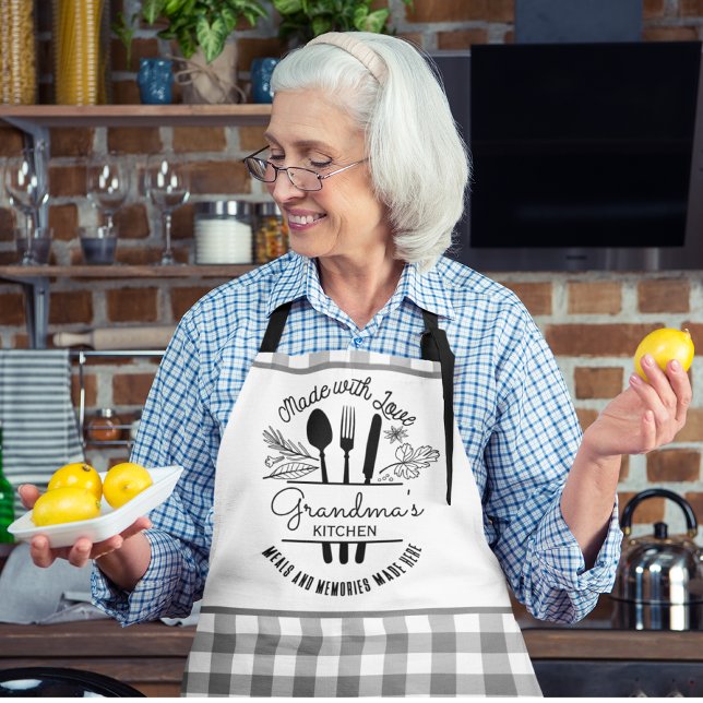 Made With Love Custom Name Grey Buffalo Plaid Apron (Creator Uploaded)