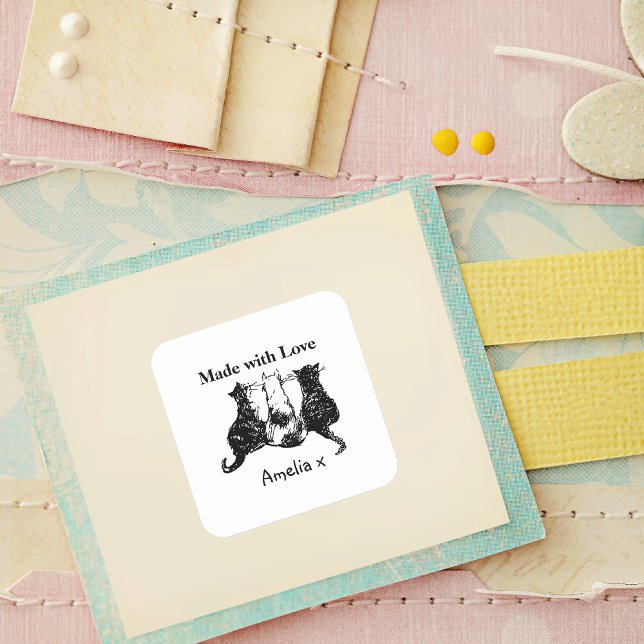 Made With Love Cute Cats Square Sticker (Crafters and cat lovers unite!)