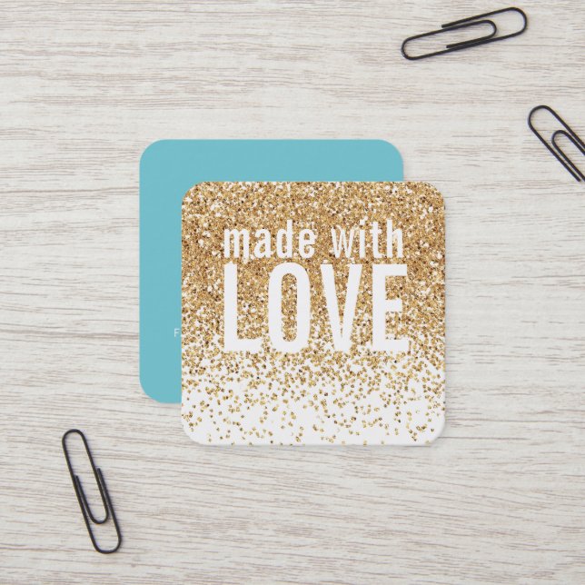 MADE WITH LOVE cute confetti gold glitter blue Square Business Card (Front/Back In Situ)