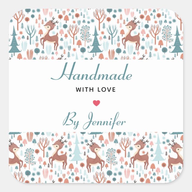 Made with Love Cute Deer in a Forest Pattern Square Sticker (Front)