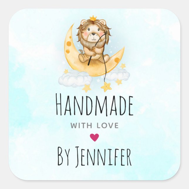 Made with Love Cute Lion Fishing on the Moon Square Sticker (Front)