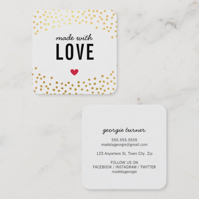 MADE WITH LOVE cute packaging confetti gold black Square Business Card (Front/Back)