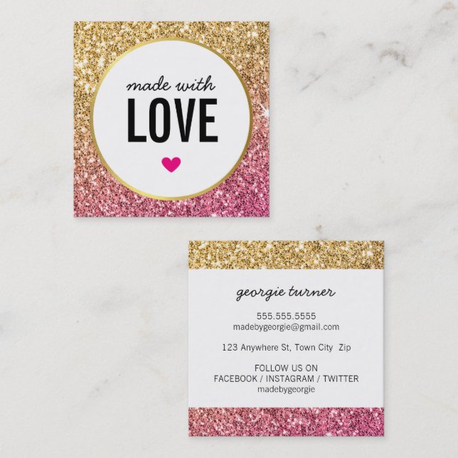 MADE WITH LOVE cute packaging glitter gold pink Square Business Card (Front/Back)