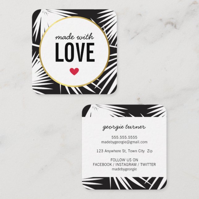 MADE WITH LOVE cute packaging palm leaves black Square Business Card (Front/Back)