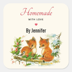 Made with Love Cute Vintage Foxes Retro Christmas Square Sticker