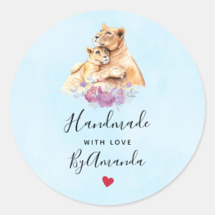 Made with Love Cute Watercolor Mother Lion & Cub Classic Round Sticker
