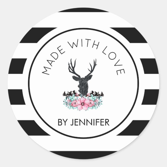 Made with Love Deer Head w/ Flowers & Mountains Classic Round Sticker (Front)