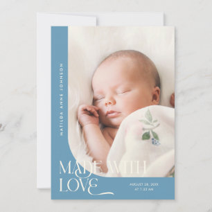 Made With Love Denim Blue Photo Birth Announcement