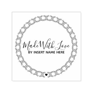 Made with love filigree border round heart self-inking stamp