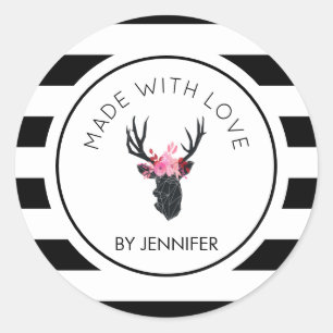 Made with Love Geometric Deer Head B&W Pattern Classic Round Sticker