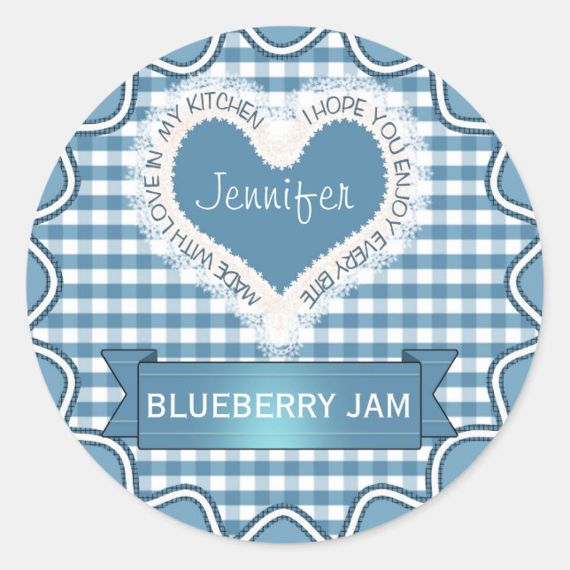 Made With Love Gingham Blue Classic Round Sticker (Front)