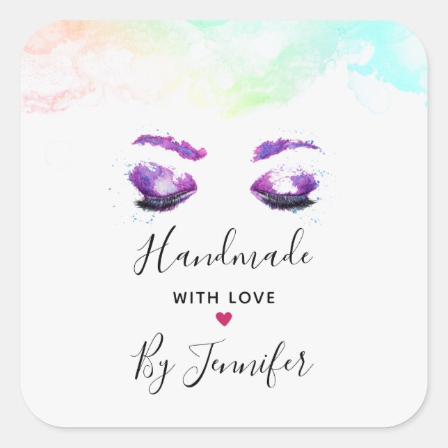 Made with Love Glamourous Purple Eyes Watercolor Square Sticker (Front)